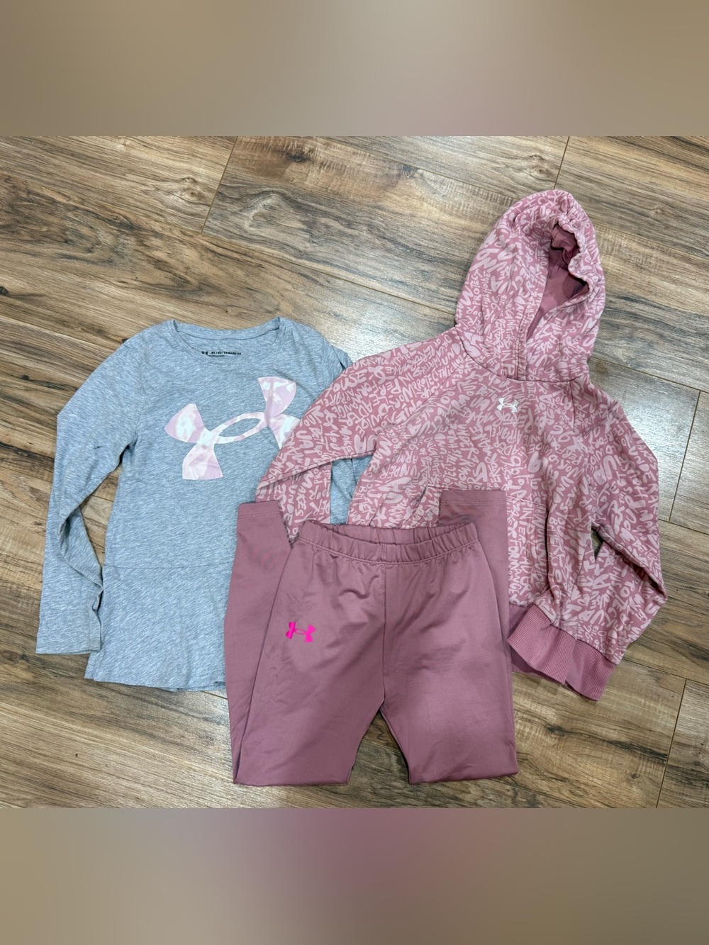Under Armour Girls Pink Patterned Hoodie, Mauve Leggings & Gray Logo Tee